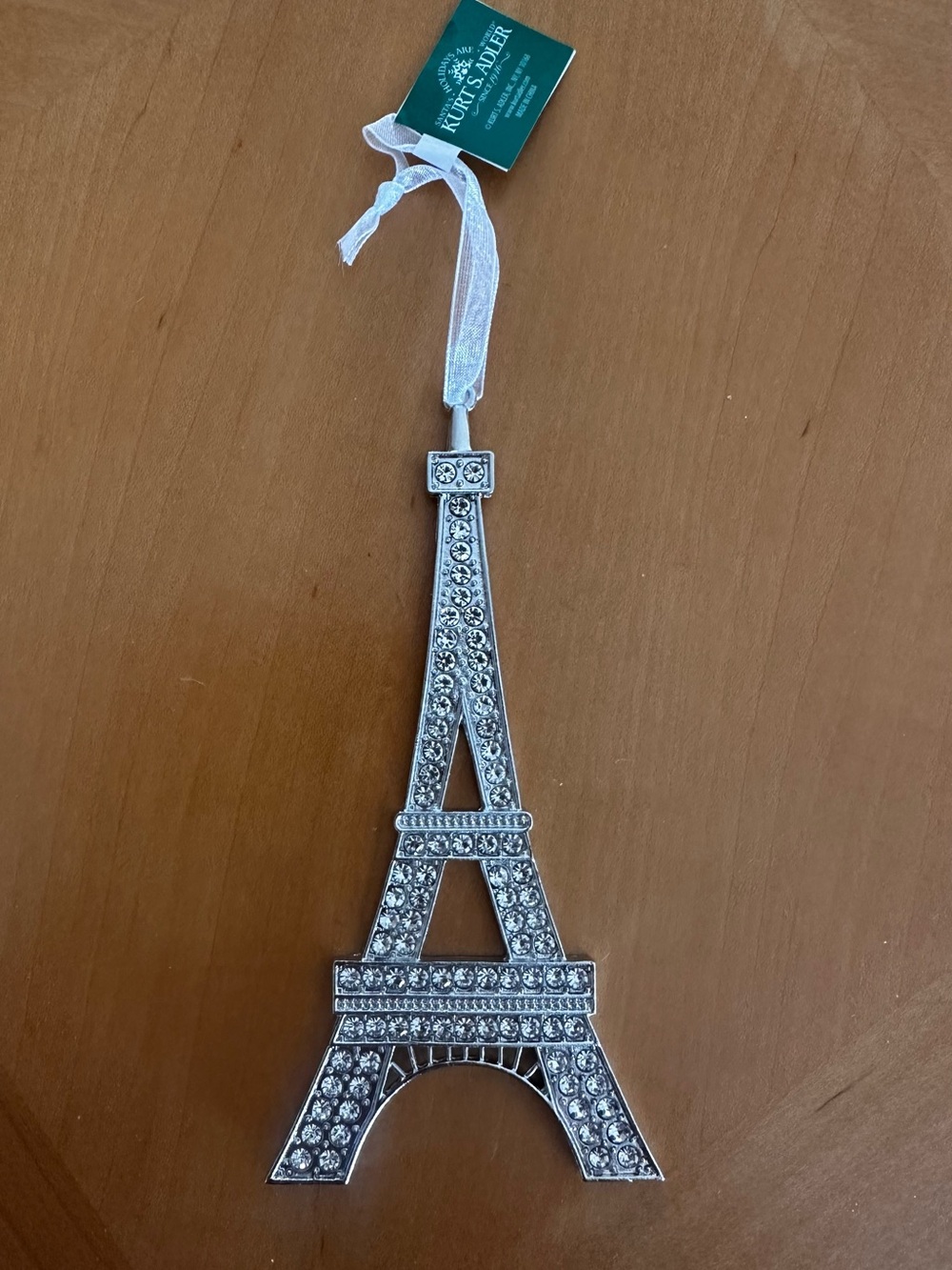 Kurt Adler Silver Rhinestone Eiffel Tower Ornament with Ribbon